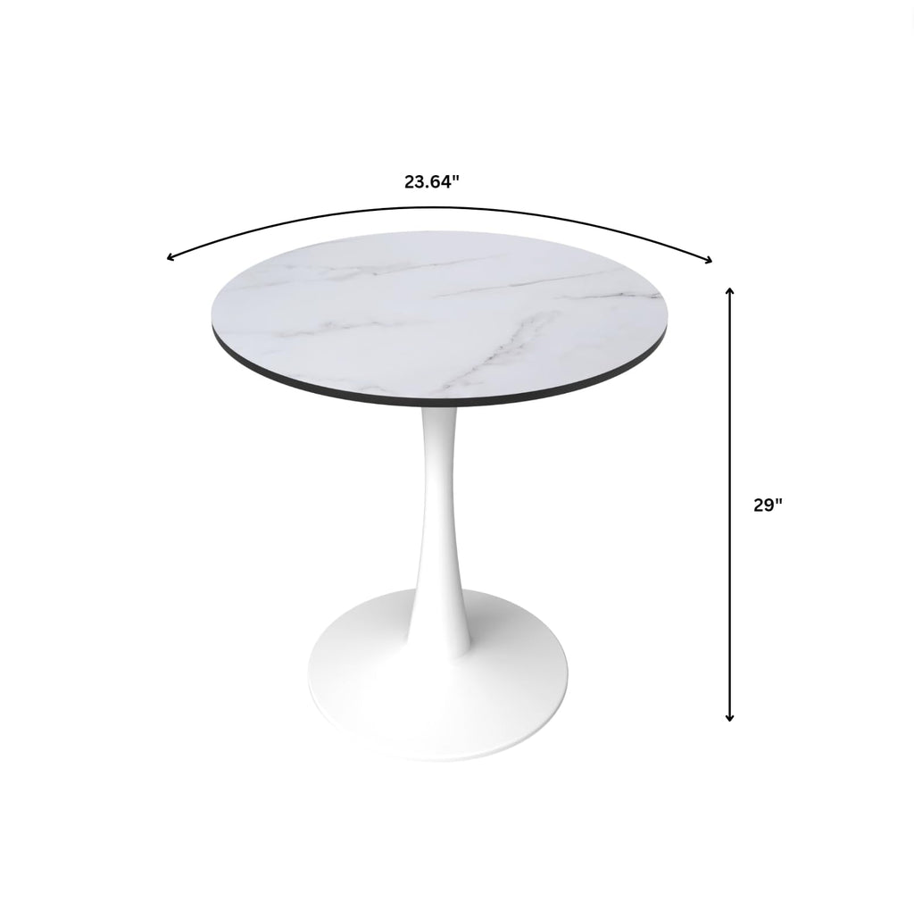 24" Wide Round Dining Table, Modern MDF Wood Top & White Metal Pedestal Base Gloss Finish Accent Table Mid-Century Café Table, Kitchen Dining Room Furniture, Marbled White