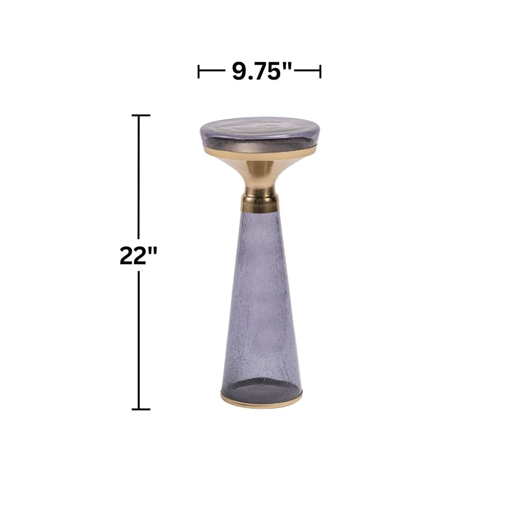 Modern Decorative Round Drink Table with Glass Base and Top with Gold Metal Accent, Martini, Gold Pedestal Table, Tall Side Table, Small Space end Table, for Living Room & Bedroom, Purple,Assembled