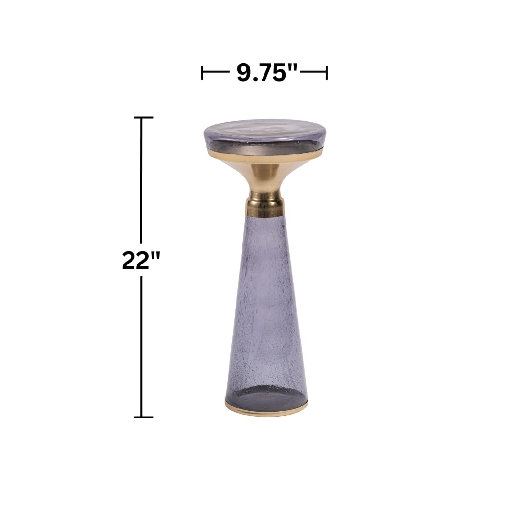 Modern Decorative Round Drink Table with Glass Base and Top with Gold Metal Accent, Martini, Gold Pedestal Table, Tall Side Table, Small Space end Table, for Living Room & Bedroom, Purple,Assembled