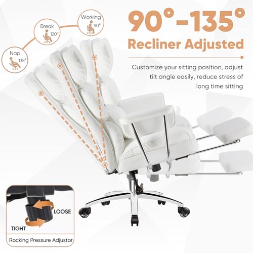 Executive Home Office Desk Chair - Ergonomic Big Tall High Back with Footrest & Lumbar Support, Reclining Height Adjustable, Comfy PU Leather Computer Gaming with Swivel Wheels, White