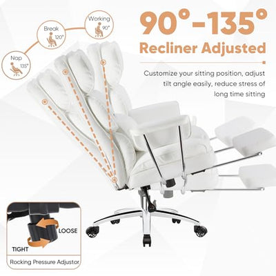Executive Home Office Desk Chair - Ergonomic Big Tall High Back with Footrest & Lumbar Support, Reclining Height Adjustable, Comfy PU Leather Computer Gaming with Swivel Wheels, White