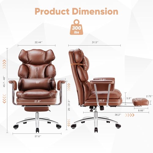 Executive Home Office Desk Chair - Ergonomic Big Tall High Back with Footrest & Lumbar Support, Reclining Height Adjustable, Comfy PU Leather Computer Gaming with Swivel Wheels, Brown