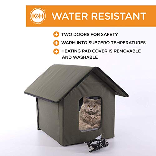 Heated Outdoor Cat House for Outside Pets in Winter, Weatherproof Outdoor House for Ferals, Insulated Kitty Shelter, 2 Doors, Waterproof Heated Cat Bed, Safety Listed - Log Cabin 20W