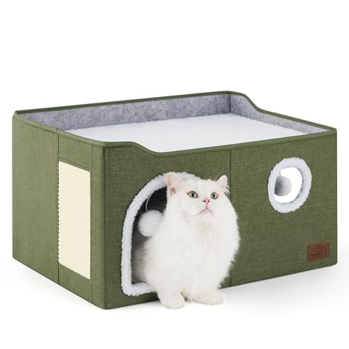 Large Cat Beds for Indoor Cats - Extra Wide Cat Cube House for Small Pet with Fluffy Ball Hanging and Scratch Pad, Foldable Pet Cave Hideaway for Multiple Cats, 23.6x16.9x13 inches