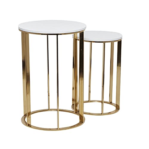 Metal Side End Accent Table End Table with Marble Top, Set of 2 Side Table 24", 20"H, Gold
