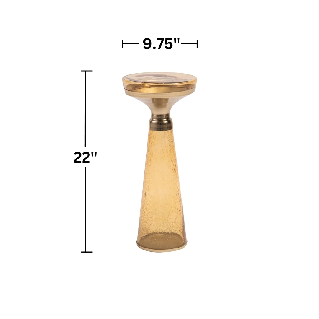 Modern Decorative Round Drink Table with Glass Base and Top with Gold Metal Accent, Martini, Gold Pedestal Table, Tall Side Table, Small Space end Table, for Living Room & Bedroom, Amber,Assembled