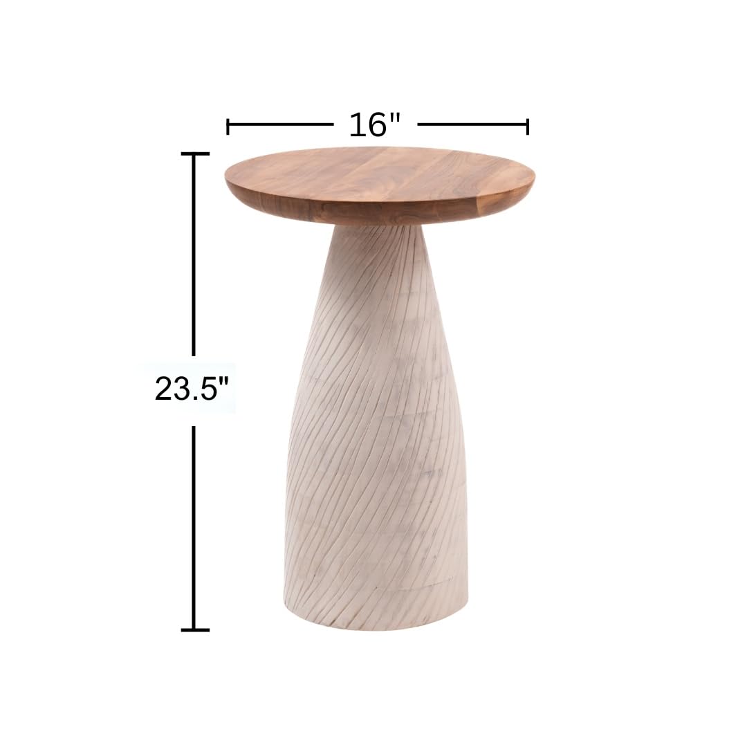 Modern Round Wood Accent Table with Carved Cone Base Solid Mango Wood Side Table for Living Room, Bedroom or Entryway White,Assembled