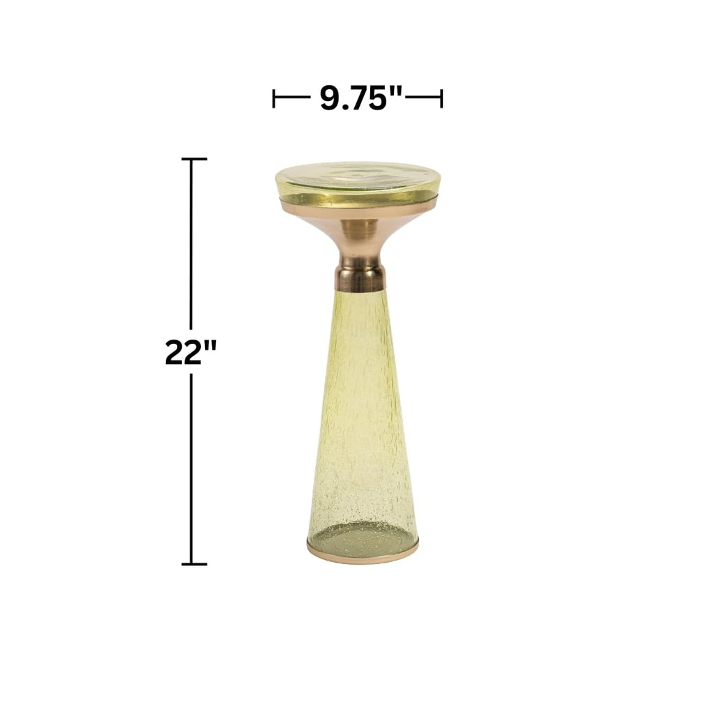 Modern Decorative Round Drink Table with Glass Base and Top with Gold Metal Accent, Martini, Gold Pedestal Table, Tall Side Table, Small Space end Table, for Living Room & Bedroom, Green,Assembled