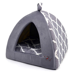 Dog House Bed Crate Mat Tent Indoor Round Soft Plush for Small, Medium, and Large Breeds - Gray Lattice, 19 x 19 x H:19