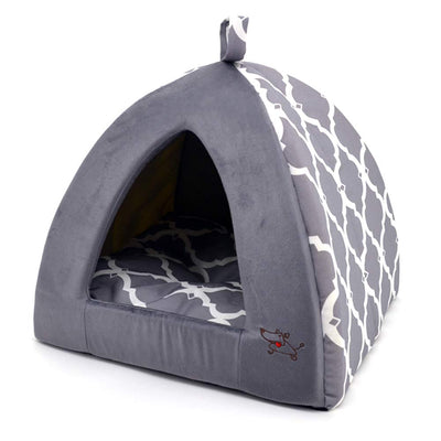 Dog House Bed Crate Mat Tent Indoor Round Soft Plush for Small, Medium, and Large Breeds - Gray Lattice, 19 x 19 x H:19
