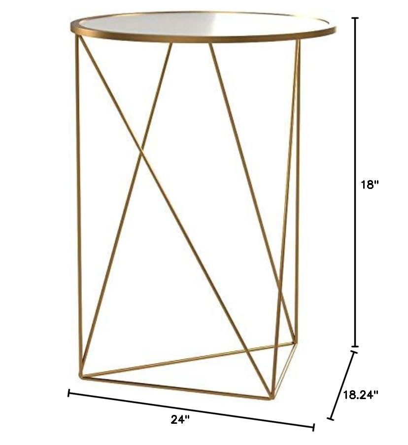 Metal Accent Table Triangle Base Round Mirror Top, Gold