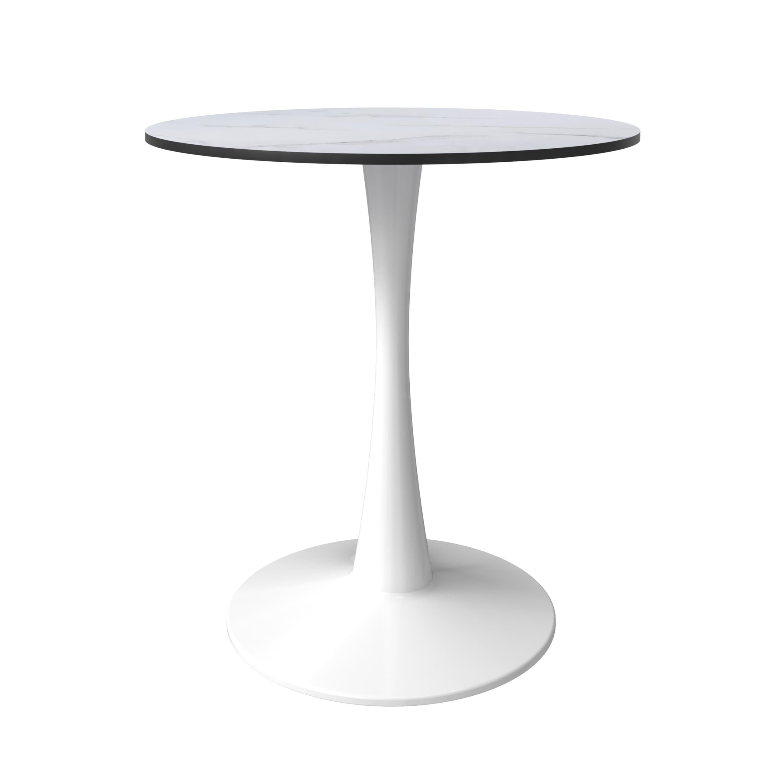 24" Wide Round Dining Table, Modern MDF Wood Top & White Metal Pedestal Base Gloss Finish Accent Table Mid-Century Café Table, Kitchen Dining Room Furniture, Marbled White