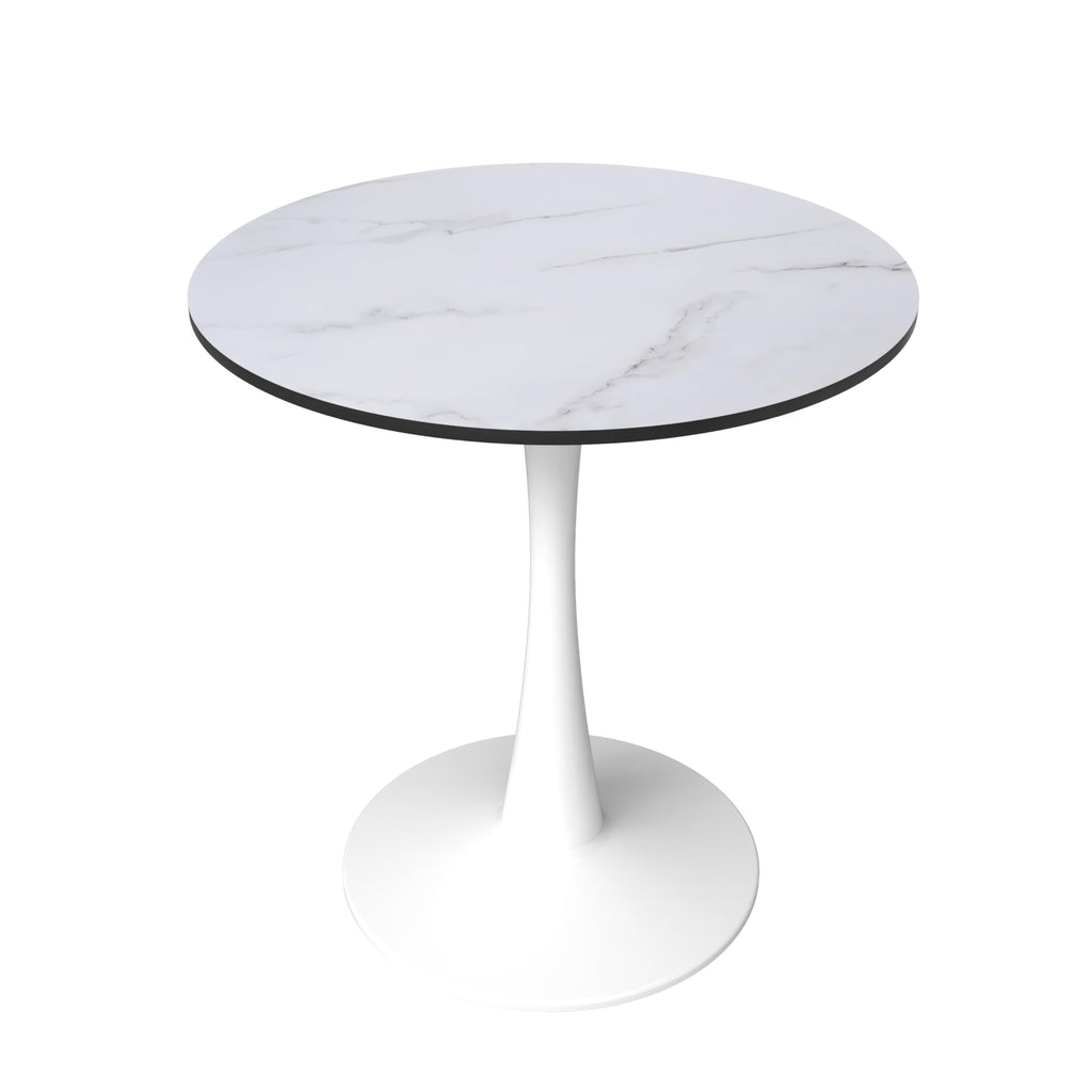 24" Wide Round Dining Table, Modern MDF Wood Top & White Metal Pedestal Base Gloss Finish Accent Table Mid-Century Café Table, Kitchen Dining Room Furniture, Marbled White