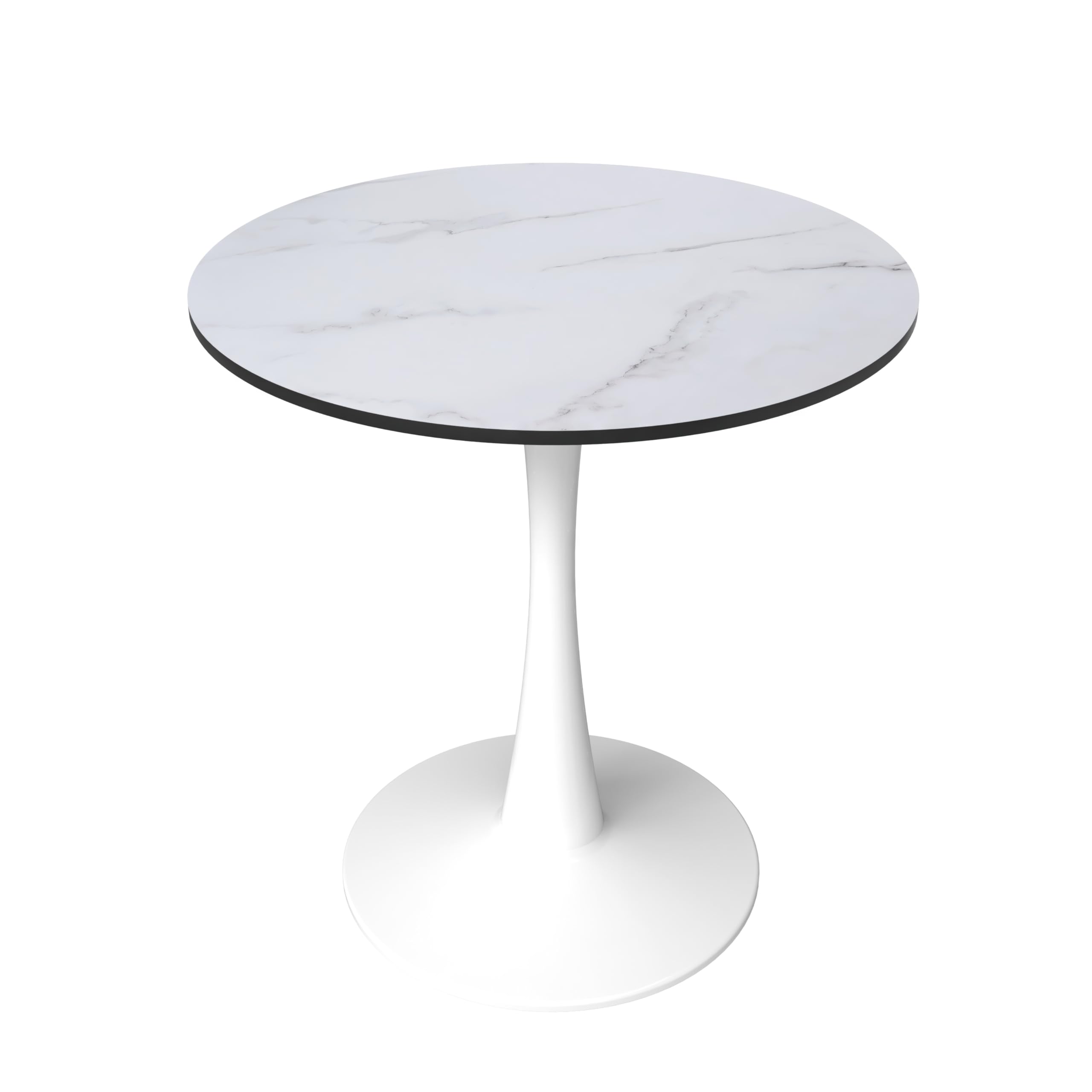 24" Wide Round Dining Table, Modern MDF Wood Top & White Metal Pedestal Base Gloss Finish Accent Table Mid-Century Café Table, Kitchen Dining Room Furniture, Marbled White