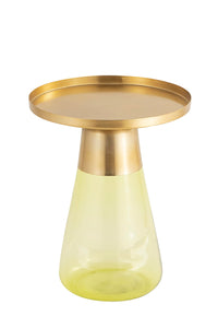 Modern Cylindrical Side Table with Glass Base and Sturdy Gold Metal Top, Round End Table with Tempered Glass, Accent Table, Drink Table, for Living Room & Bedroom, Green,Assembled