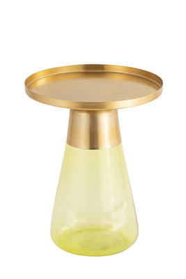 Modern Cylindrical Side Table with Glass Base and Sturdy Gold Metal Top, Round End Table with Tempered Glass, Accent Table, Drink Table, for Living Room & Bedroom, Green,Assembled