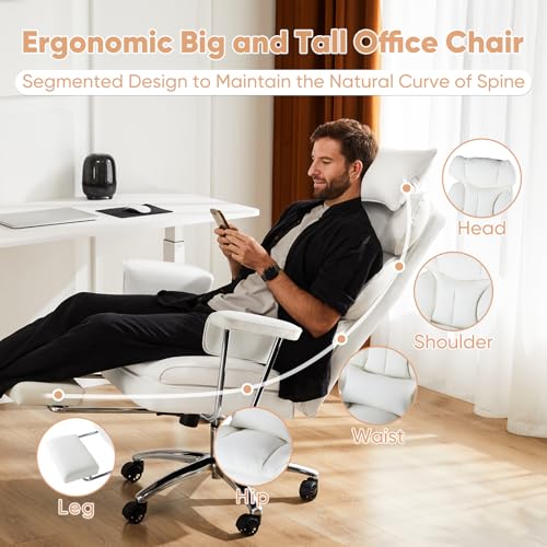 Executive Home Office Desk Chair - Ergonomic Big Tall High Back with Footrest & Lumbar Support, Reclining Height Adjustable, Comfy PU Leather Computer Gaming with Swivel Wheels, White