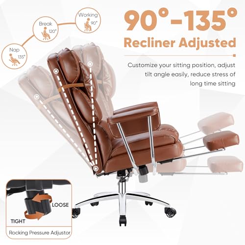 Executive Home Office Desk Chair - Ergonomic Big Tall High Back with Footrest & Lumbar Support, Reclining Height Adjustable, Comfy PU Leather Computer Gaming with Swivel Wheels, Brown