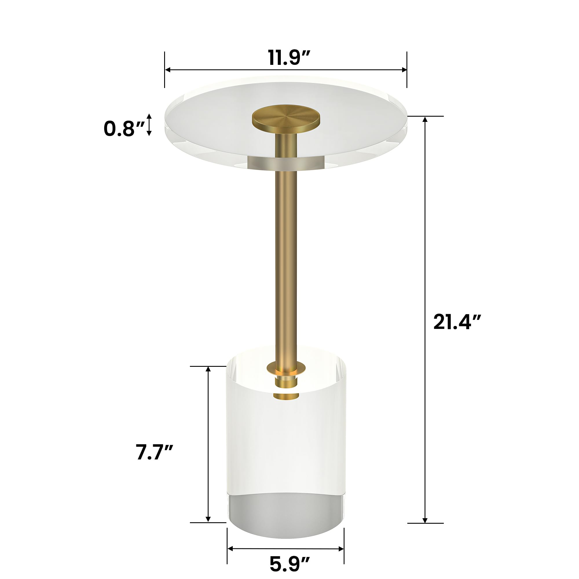 Clear Acrylic End Table, Modern Minimalist Round Side Table with Solid Base for Living Room, Bedroom, and Office, 12x12 inch, Easy Assembly, Transparent Design, Brushed Brass Metal Accent