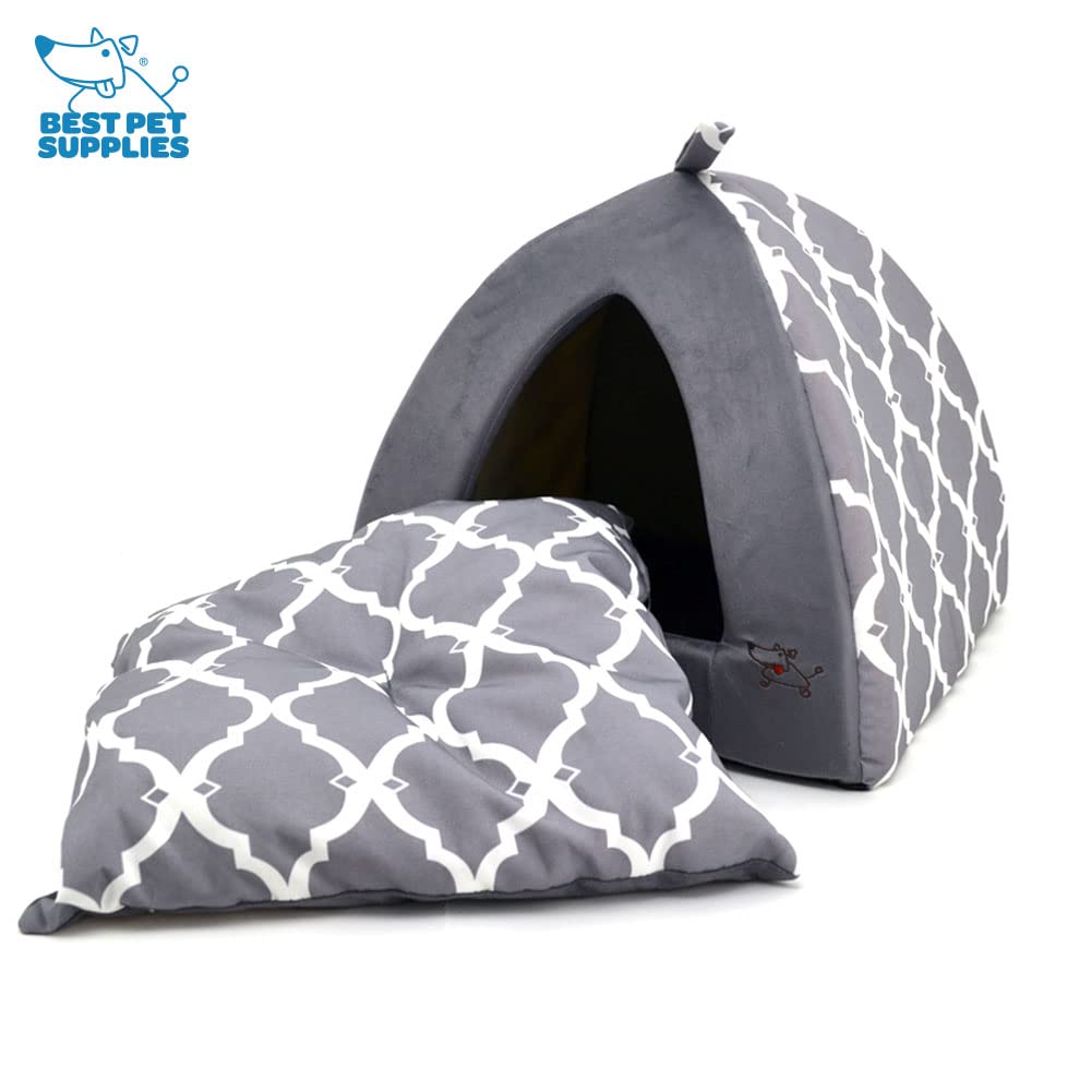 Dog House Bed Crate Mat Tent Indoor Round Soft Plush for Small, Medium, and Large Breeds - Gray Lattice, 19 x 19 x H:19"