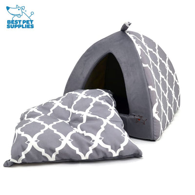 Dog House Bed Crate Mat Tent Indoor Round Soft Plush for Small, Medium, and Large Breeds - Gray Lattice, 19 x 19 x H:19