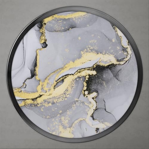 Modern 24" Tall Round End Table with Decorated Tabletop and Iron Metal Base, Accent Furniture, Elegant Pedestal Stand for Living Room, Home Office, Black with Faux Marble