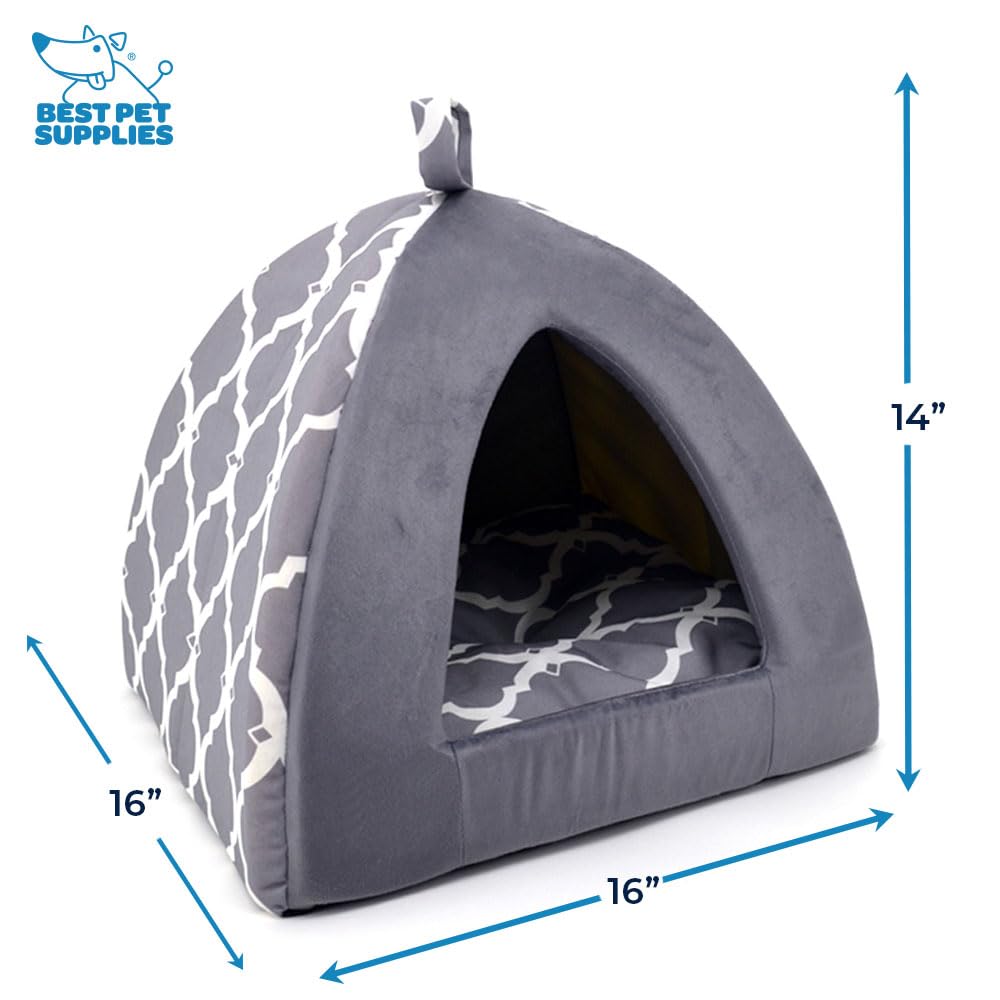 Dog House Bed Crate Mat Tent Indoor Round Soft Plush for Small, Medium, and Large Breeds - Gray Lattice, 19 x 19 x H:19"
