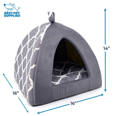 Dog House Bed Crate Mat Tent Indoor Round Soft Plush for Small, Medium, and Large Breeds - Gray Lattice, 19 x 19 x H:19