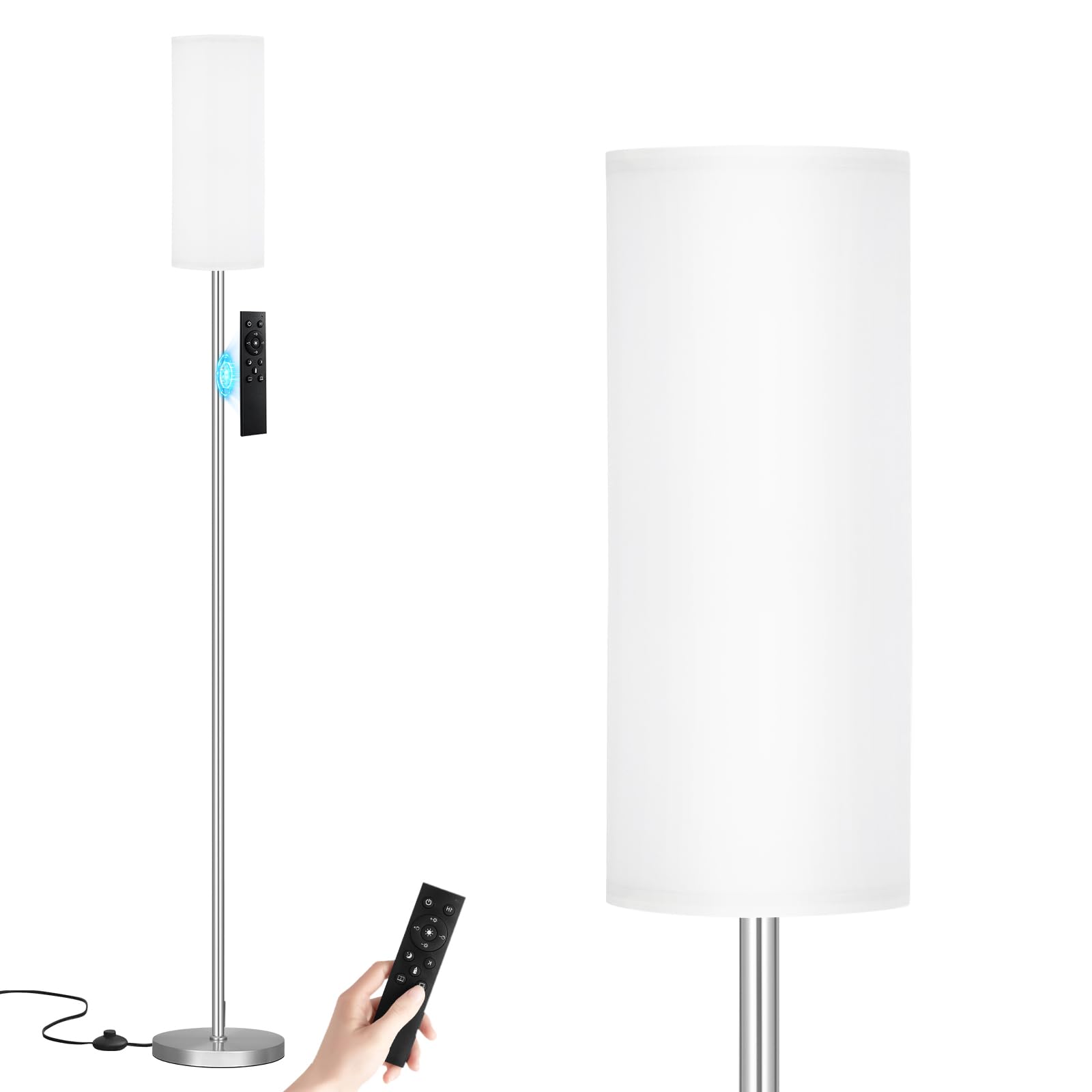 64'' Floor Lamps for Living Room with Remote Control and Stepless Dimmable Colors Temperature & Brightness, 9W Bulb Included(White Lampshade & Silver Pole)