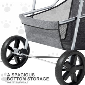 3 Wheels Pet Dog Cat Stroller for Small Medium Dogs and Cats, Lightweight Foldable Jogger Stroller w/Storage Basket and Cup Holder, Gray
