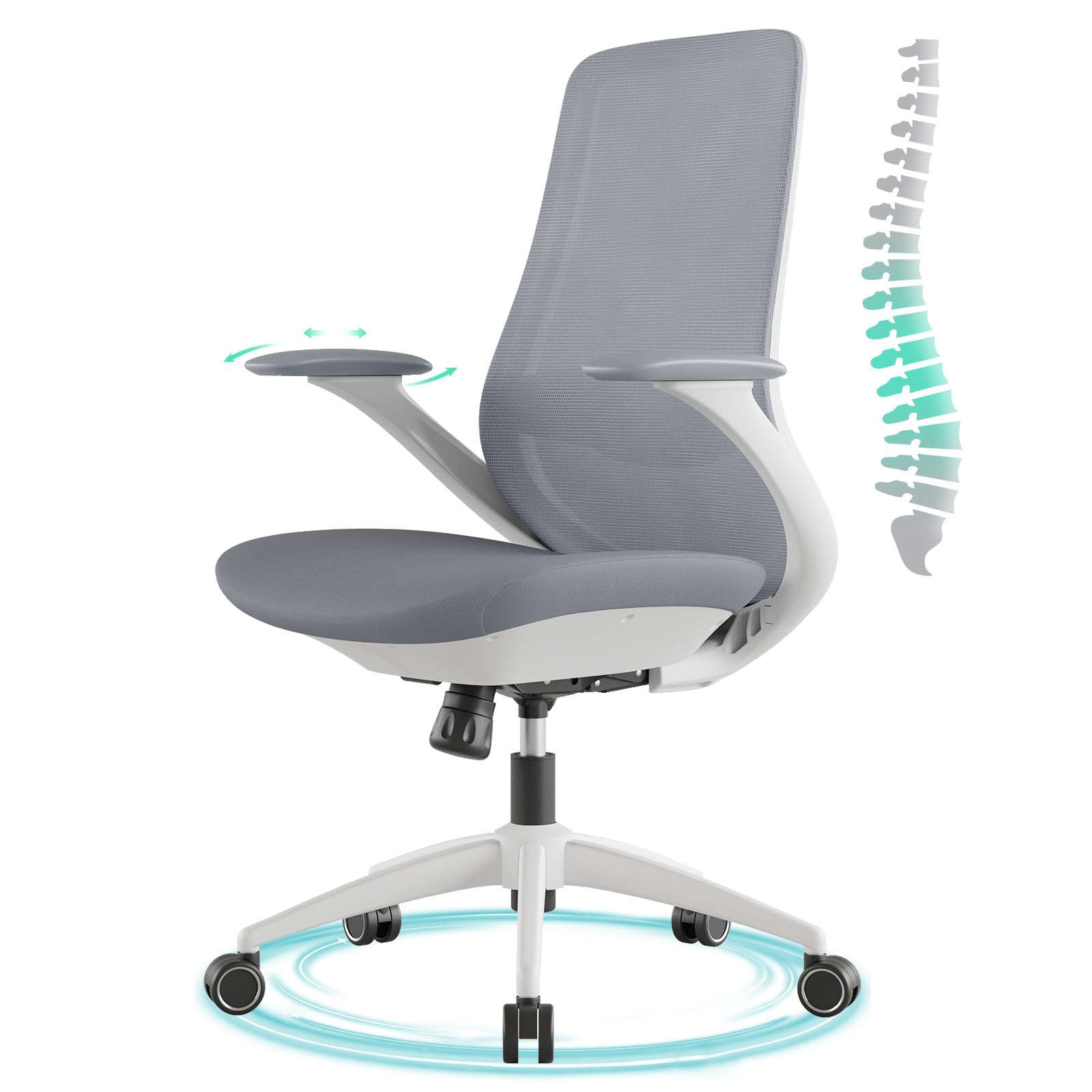 Ergonomic Office Chair, High Back Mesh Desk Chair with Lumbar Support, 360° Swivel & Slide-Adjustable Arms, Tilt Lock and Recline, Breathable Task Chair for Home Office & Gaming (Grey)