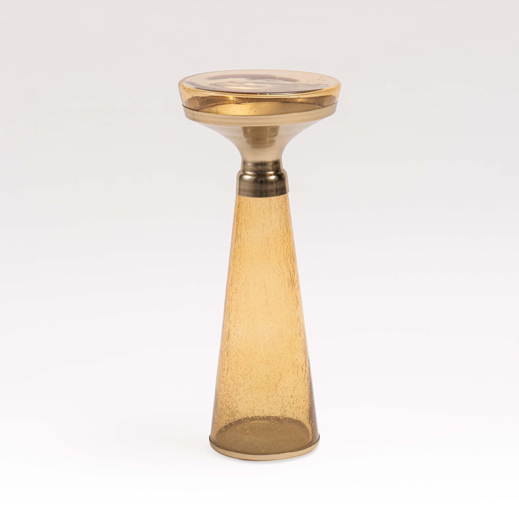 Modern Decorative Round Drink Table with Glass Base and Top with Gold Metal Accent, Martini, Gold Pedestal Table, Tall Side Table, Small Space end Table, for Living Room & Bedroom, Amber,Assembled