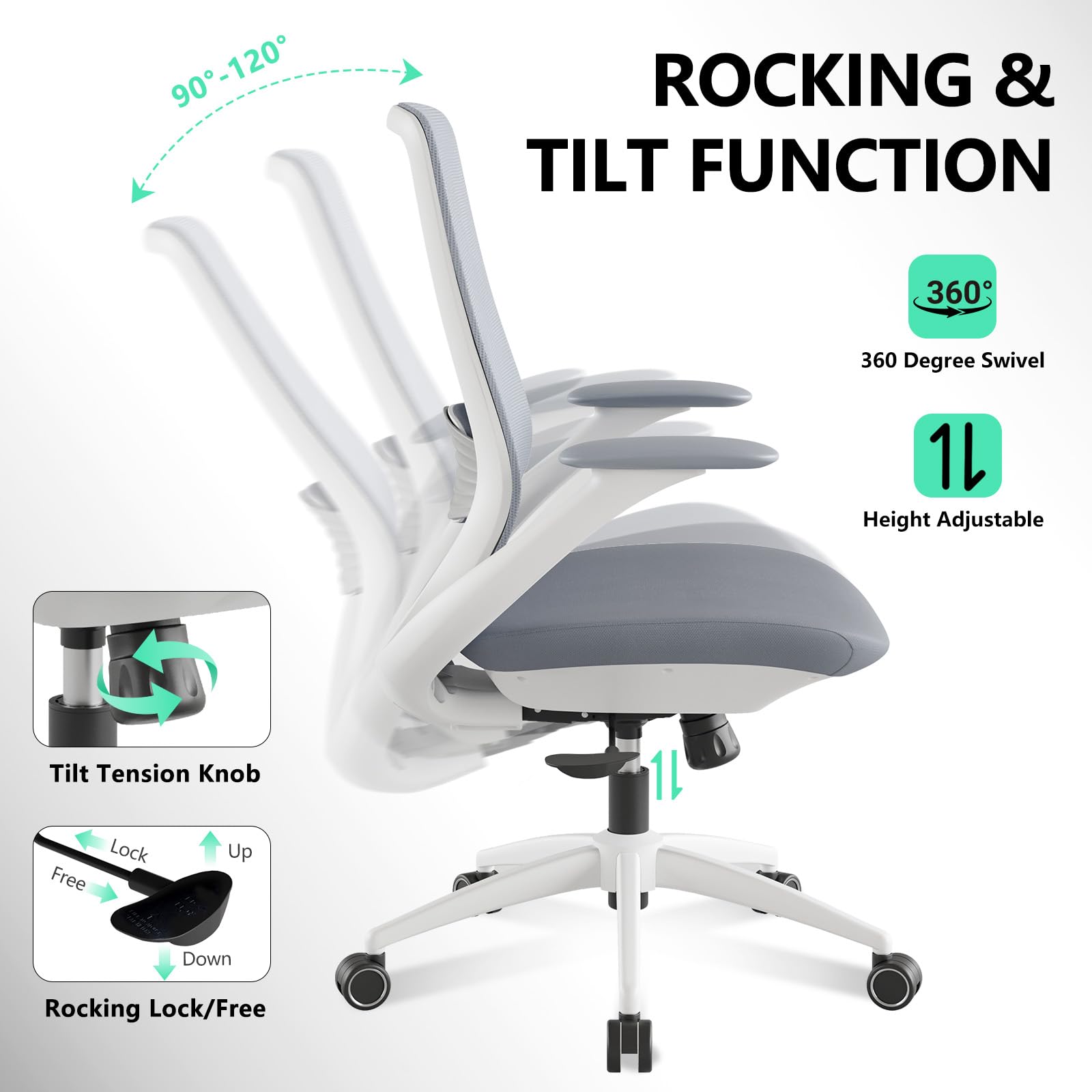 Ergonomic Office Chair, High Back Mesh Desk Chair with Lumbar Support, 360° Swivel & Slide-Adjustable Arms, Tilt Lock and Recline, Breathable Task Chair for Home Office & Gaming (Grey)