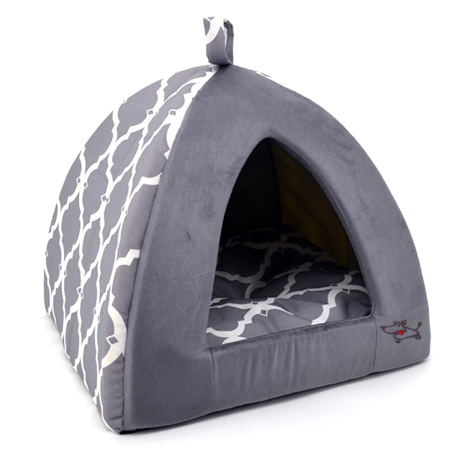 Dog House Bed Crate Mat Tent Indoor Round Soft Plush for Small, Medium, and Large Breeds - Gray Lattice, 19 x 19 x H:19"
