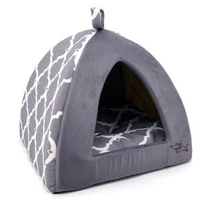 Dog House Bed Crate Mat Tent Indoor Round Soft Plush for Small, Medium, and Large Breeds - Gray Lattice, 19 x 19 x H:19