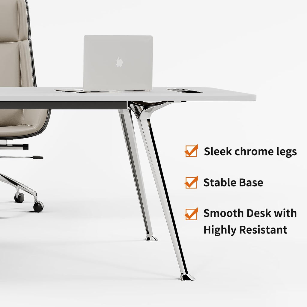 Writing Computer Desk, 60-Inch Large Executive Desk Office Workstation with Chrome-Plated Legs and Built-in Power Outlet, Writing Table Business Furniture, Modern Minimalist Style for Home Office