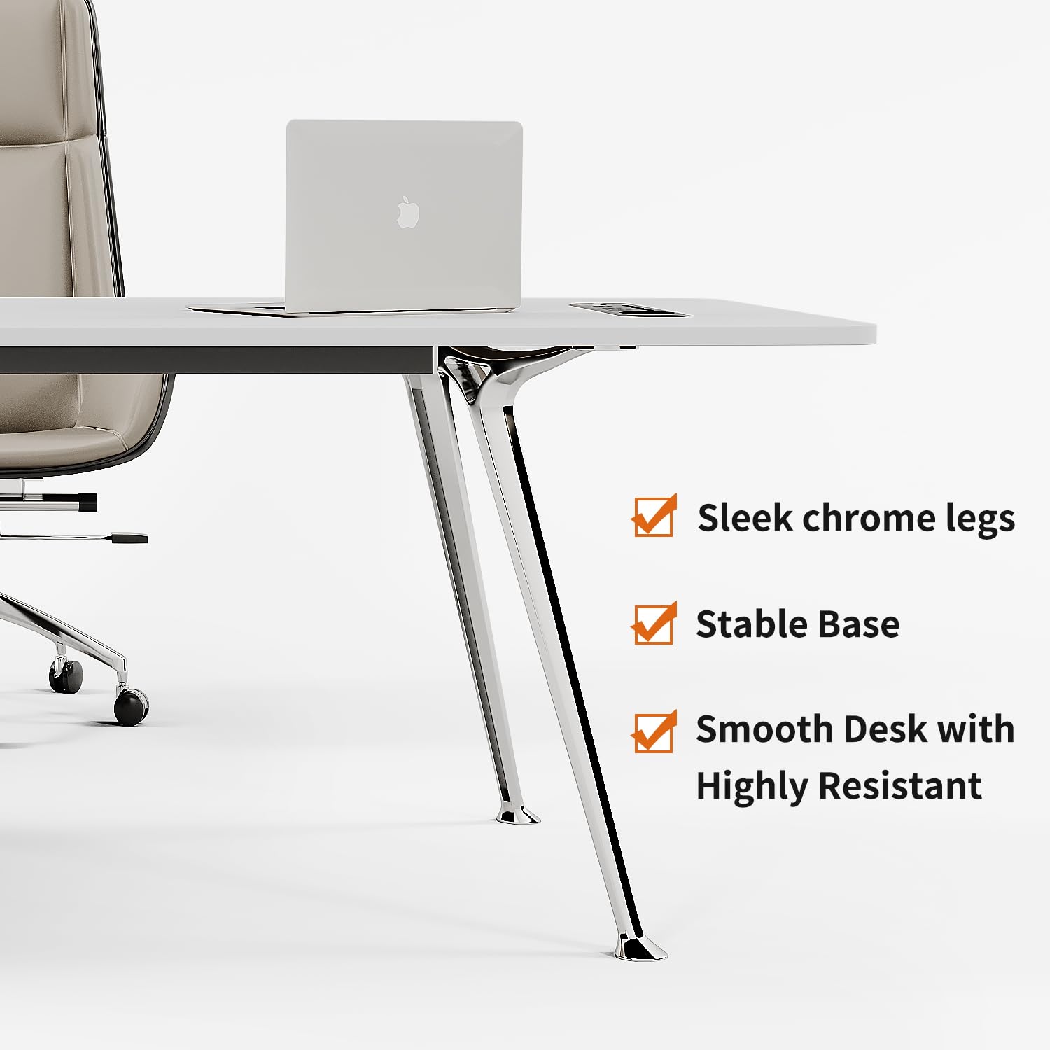 Writing Computer Desk, 60-Inch Large Executive Desk Office Workstation with Chrome-Plated Legs and Built-in Power Outlet, Writing Table Business Furniture, Modern Minimalist Style for Home Office
