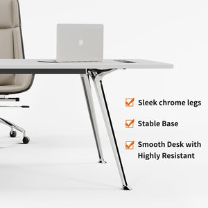 Writing Computer Desk, 60-Inch Large Executive Desk Office Workstation with Chrome-Plated Legs and Built-in Power Outlet, Writing Table Business Furniture, Modern Minimalist Style for Home Office