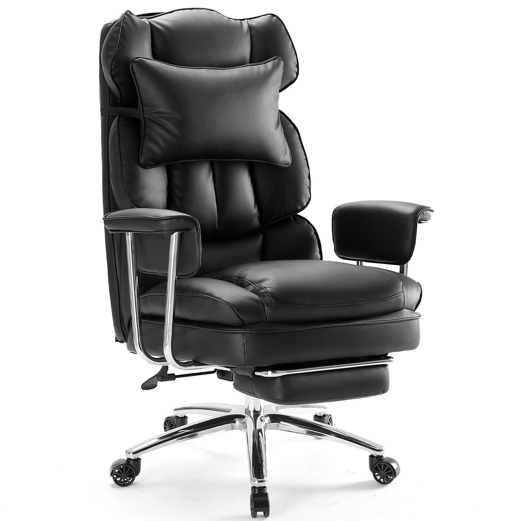 Executive Home Office Desk Chair - Ergonomic Big Tall High Back with Footrest & Lumbar Support, Reclining Height Adjustable, Comfy PU Leather Computer Gaming with Swivel Wheels, Black