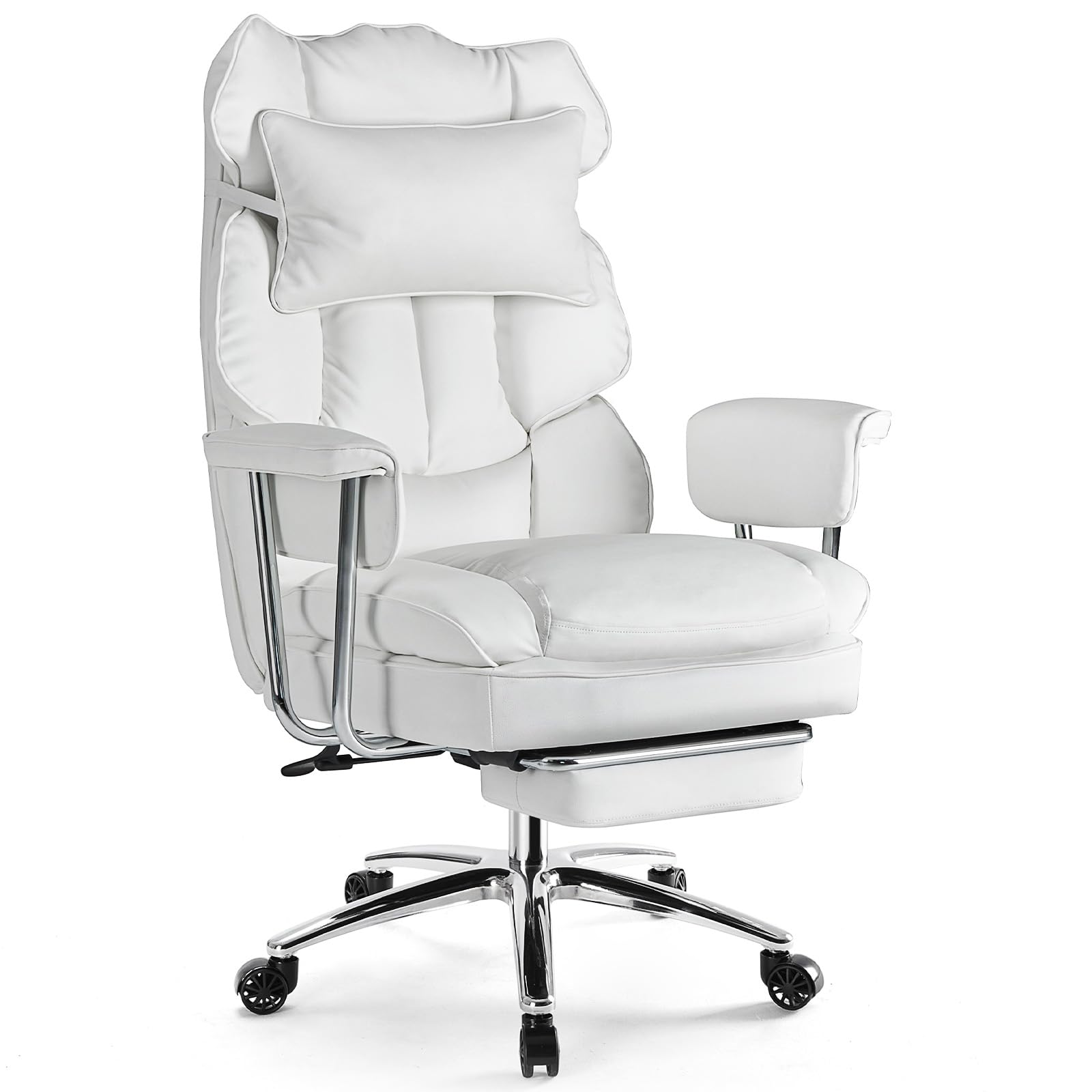 Executive Home Office Desk Chair - Ergonomic Big Tall High Back with Footrest & Lumbar Support, Reclining Height Adjustable, Comfy PU Leather Computer Gaming with Swivel Wheels, White