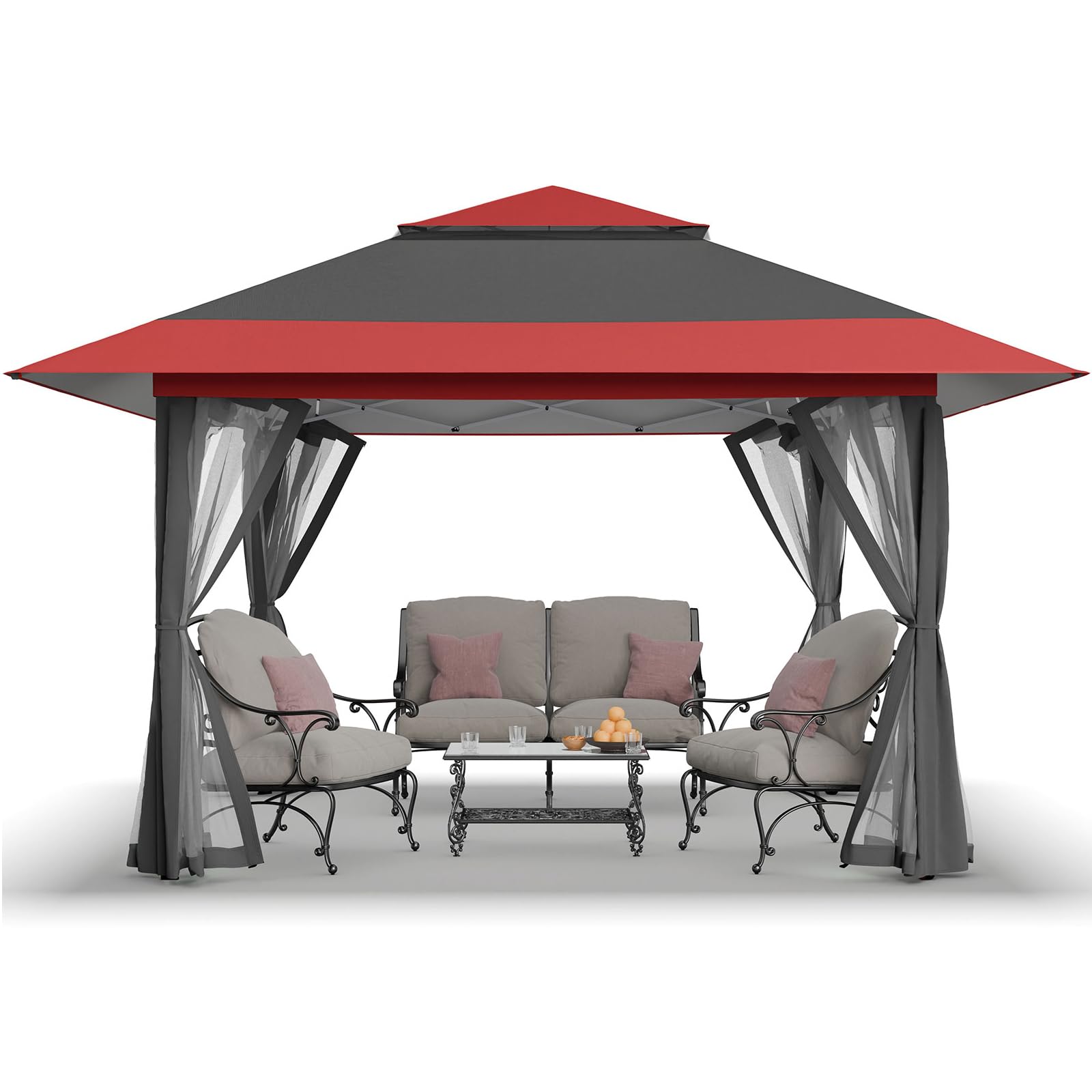 11x11 Pop Up Gazebo, Patented One Push Outoor Canopy Tent with Wheeled STO-N-Go Cover Bag, Pop Up Canopy with Netting for Patio, Backyard (11x11, Red &Grey)
