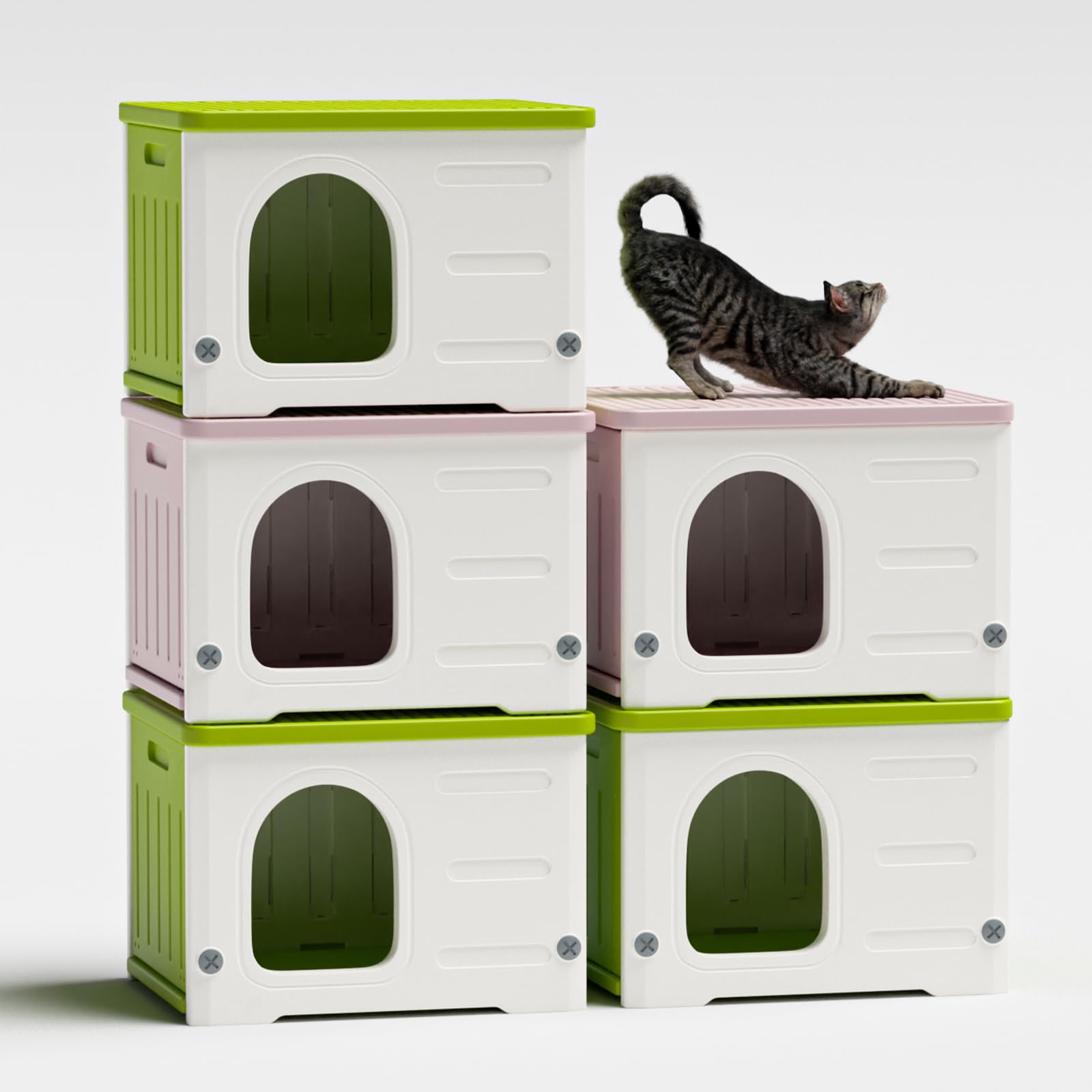 Plastic Cat House for Outdoor Indoor Use, Stackable Feral Cat Shelter Indoor Cat House Weatherproof Waterproof Elevated (Pink)