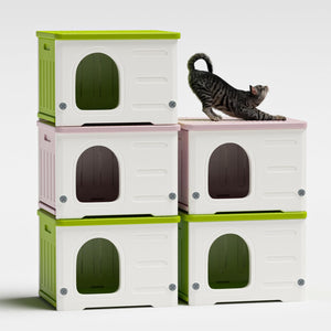 Plastic Cat House for Outdoor Indoor Use, Stackable Feral Cat Shelter Indoor Cat House Weatherproof Waterproof Elevated (Pink)