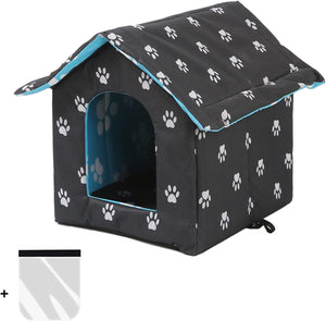 Outdoor Cat House, Cat Houses for Outdoor Cats, Weatherproof Warm and Insulated Cat House with Transparent Curtain Pet House, Stray Cats Shelter (Black, Medium-Houses)