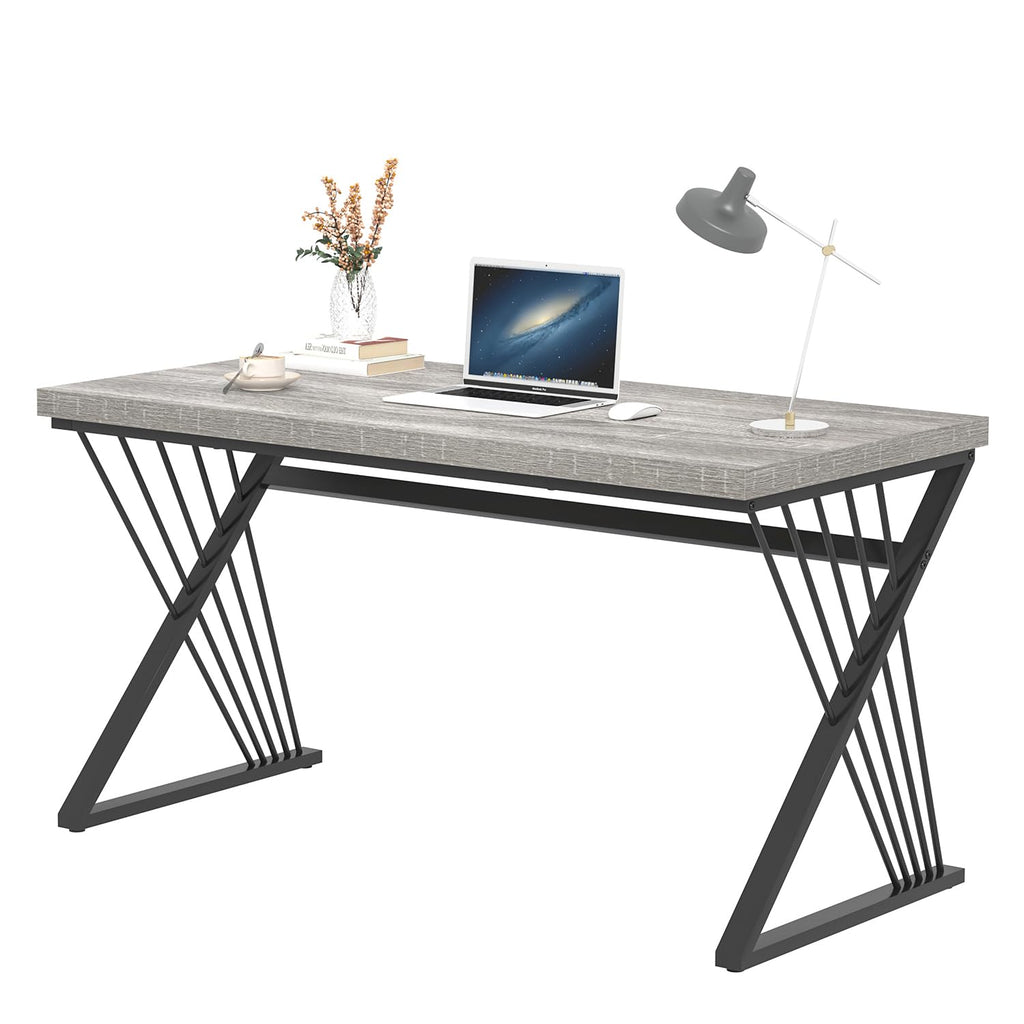 Modern Desk, Rustic Wood and Metal Computer Desk for Home Office, Simple Study Writing Gaming Table for Bedroom Living Room, Light Grey, 53 Inch