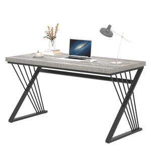 Modern Desk, Rustic Wood and Metal Computer Desk for Home Office, Simple Study Writing Gaming Table for Bedroom Living Room, Light Grey, 53 Inch