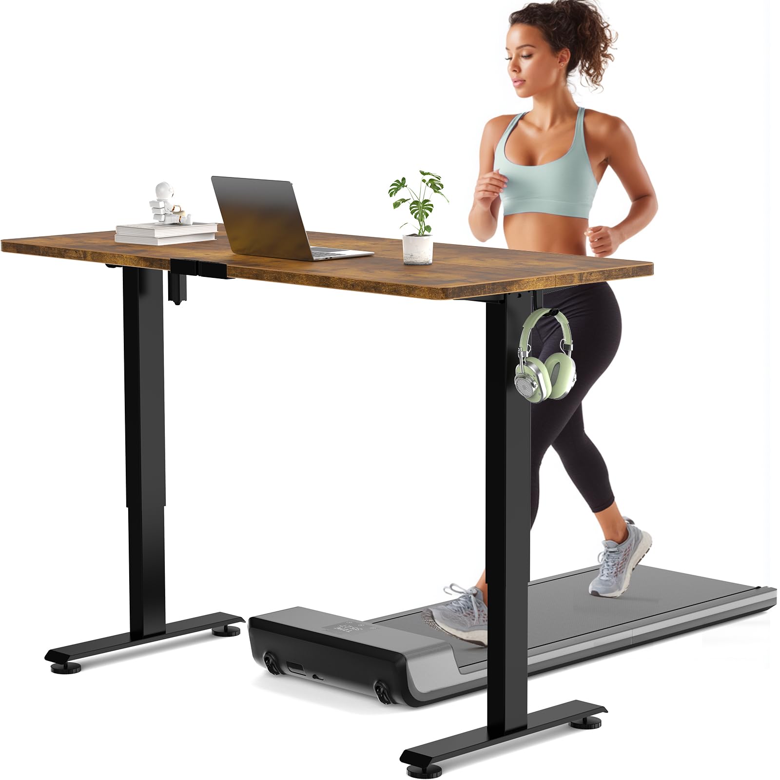 55 Inch Large Electric Standing Desk, Heights Adjustable, Sit to Stand Up, Work Home Office Computer Table for Study, Walking Pad, Writing, and Games, Wooden Desktop Desks, Brown