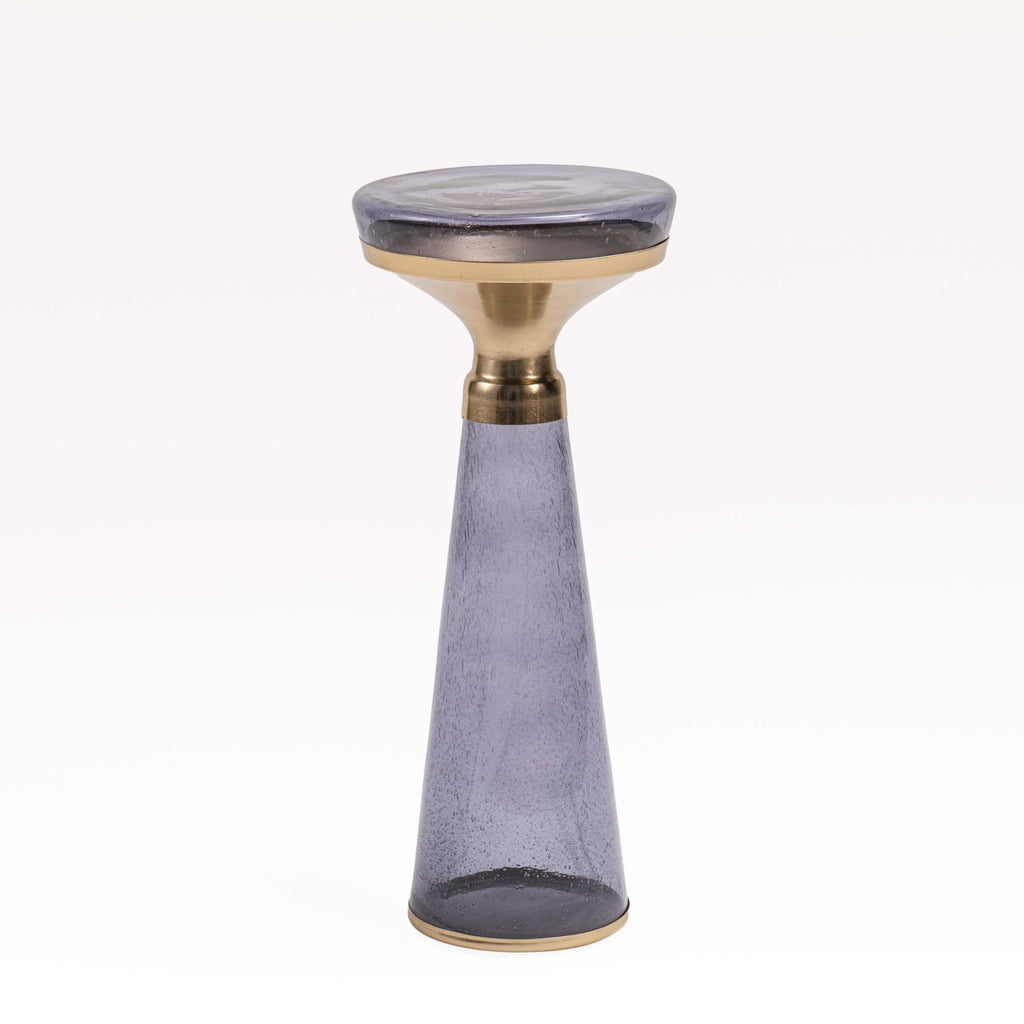 Modern Decorative Round Drink Table with Glass Base and Top with Gold Metal Accent, Martini, Gold Pedestal Table, Tall Side Table, Small Space end Table, for Living Room & Bedroom, Purple,Assembled
