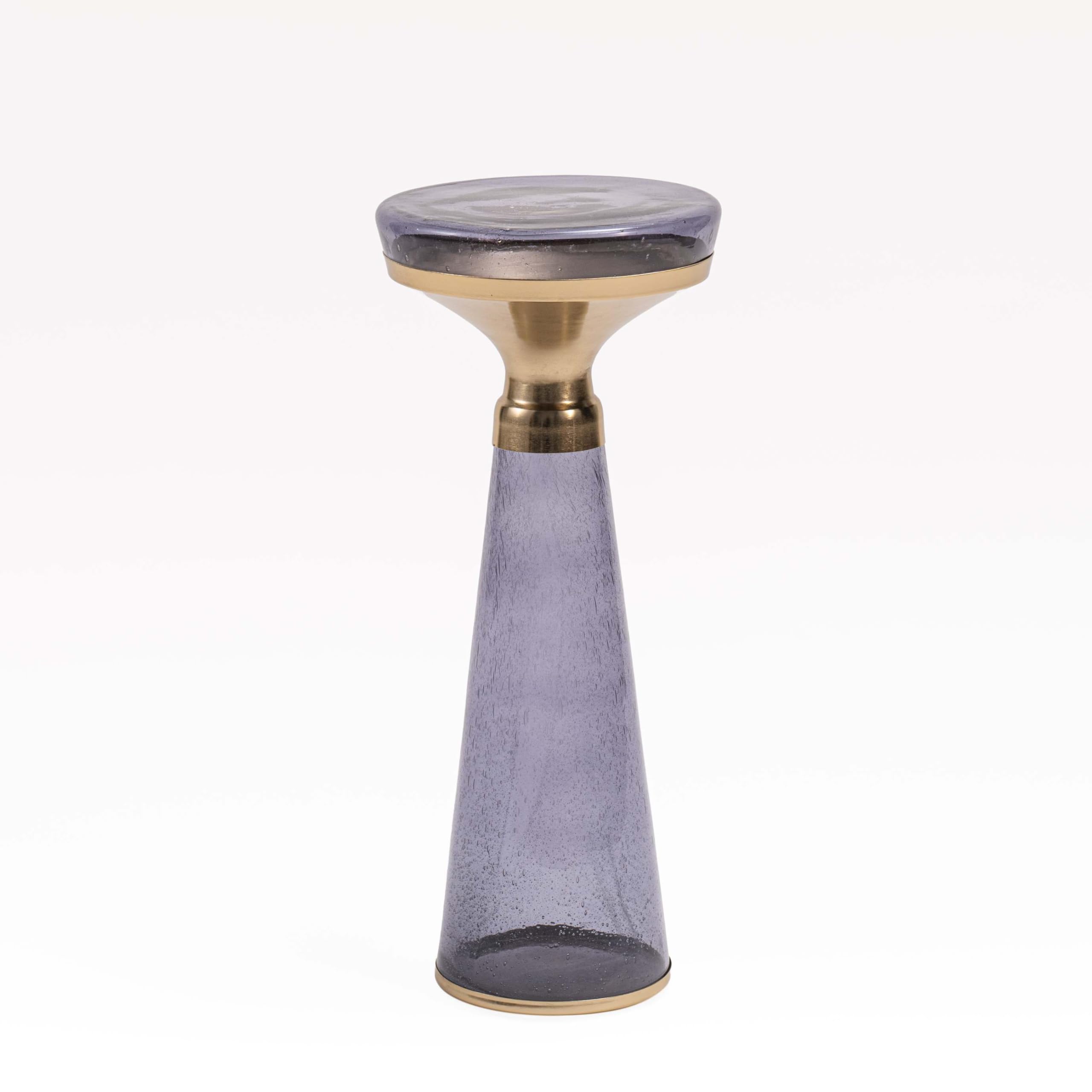 Modern Decorative Round Drink Table with Glass Base and Top with Gold Metal Accent, Martini, Gold Pedestal Table, Tall Side Table, Small Space end Table, for Living Room & Bedroom, Purple,Assembled