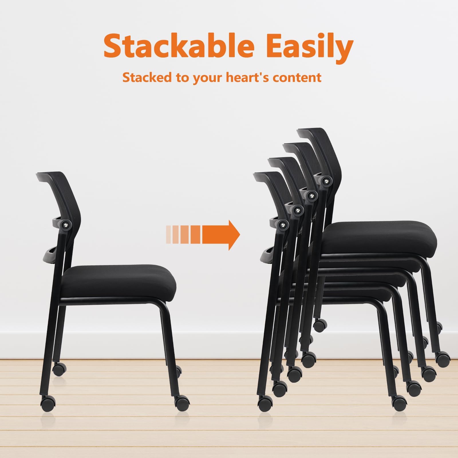Stacking Chairs 8 PK, Adjustable Backrest Stackable Mesh Office Waiting Room Armless Chair with Wheels for Guest Reception Conference Lobby Side School, Black